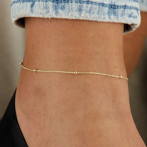 10k Solid Gold Satellite Chain Anklet, Real Gold Ball Anklet, Dainty Anklet for Women, Everyday Minimalist Gold Anklet, Gold Bead Anklet