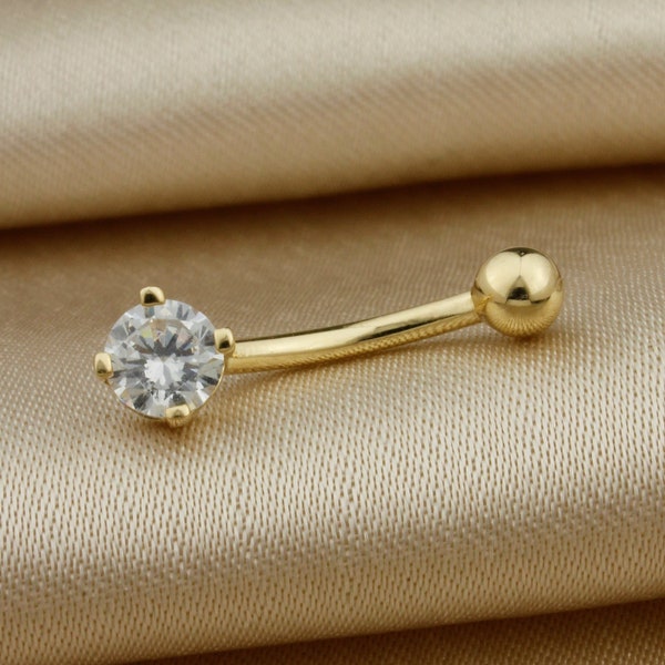 14k Solid Gold Belly Button, Externally threaded navel Belly Ring, Round CZ Belly Ring, Minimalist Belly Ring, Barbell Belly Ring