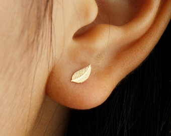 10k Solid Gold Feather Stud Earrings, Real Gold Earrings, Gold Mini Studs, Tiny Gold Stud Earrings, Small Gold Earrings, Dainty Gold Studs