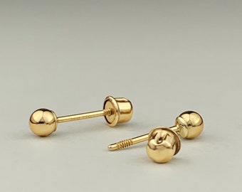 14k Solid Gold Ball Baby Ear Studs Screw Backing, 3mm, 4mm, 5mm, 6mm Plain Real Gold Baby Stud Earrings Screw Back