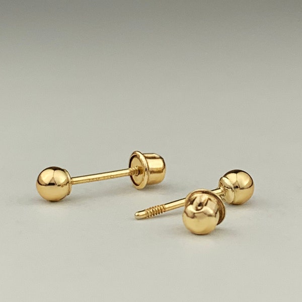 14k Solid Gold Ball Baby Ear Studs Screw Backing, 3mm, 4mm, 5mm, 6mm Plain Real Gold Baby Stud Earrings Screw Back