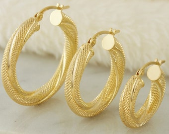 10k Solid Gold Tube Hoop Earrings, Gold Textured Earrings, Thick Gold Hoop Earrings, Chunky Gold Earrings, Gold Earrings