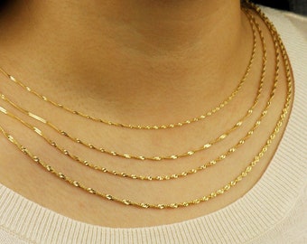 10k Solid Gold Twisted Chain Necklace, Real Gold Singapore Chain Made In Italy, Stackable Singapore Rope Chain, Dainty Chain For Women