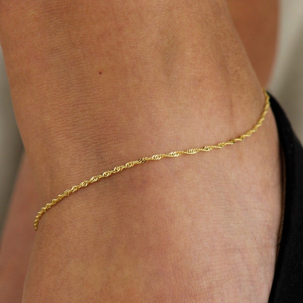 10k Solid Gold Twisted Chain Anklet, Real Gold Singapore Chain Anklet, Dainty Chain Anklet for Everyday, Gold Anklet for Women