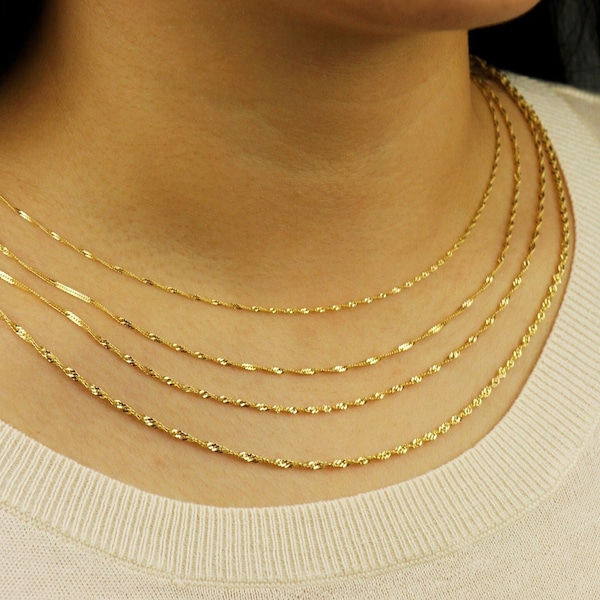 10k Solid Gold Twisted Chain Necklace, Real Gold Singapore Chain Made In Italy, Stackable Singapore Rope Chain, Dainty Chain For Women