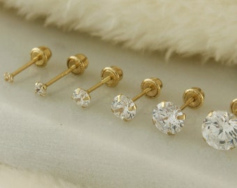 Puces d'oreilles en or massif 14 carats CZ, Puces d'oreilles rondes en ZC avec fond vissé, Puces d'oreilles en or massif véritable, Puces d'oreilles simples en or véritable, Puces d'oreilles délicates