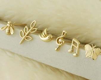 10k Solid Gold Ear Stud Earrings, Real Gold Dainty Studs, Tiny Gold Cartilage Helix Stud, Bee, Leaf, Bird, Treble Clef, Beam Note, Butterfly