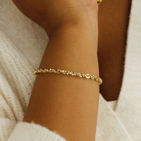 10k Real Gold Rope Chain Bracelet, Diamond Cut Rope Bracelet, Real Gold Bracelet, 3.8mm Thick Gold Bracelet, Gold Twisted Chain Bracelet