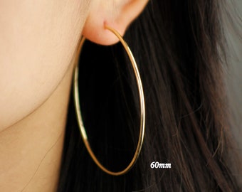 10k Solid Gold Large Hoop Earrings 60mm, Oversize Gold Hoops 50mm, Real Gold Hoop Earrings, Simple Everyday Hoops, Gold Continuous Earrings