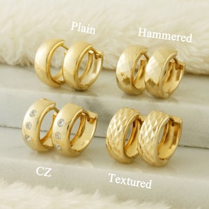 10k Solid Gold Huggies, Real Gold Huggie Hoop Earrings, Chunky Gold Earrings, Thick Gold Hoops, Plain, Hammered, CZ, Textured Huggies
