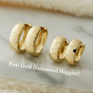 10k Solid Gold Earrings, Hammered Huggie Earrings, Real Gold Chunky Huggies, Small Huggie Hoops, Large Huggie Hoops, Everyday Thick Huggies