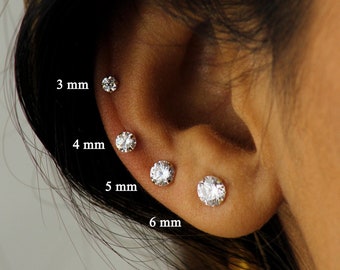 Clous d'oreilles en or massif 14 carats, diamants zircone cubique, clous d'oreilles en or massif, or blanc, clous d'oreilles simples, clous d'oreilles CZ, boucles d'oreilles or CZ