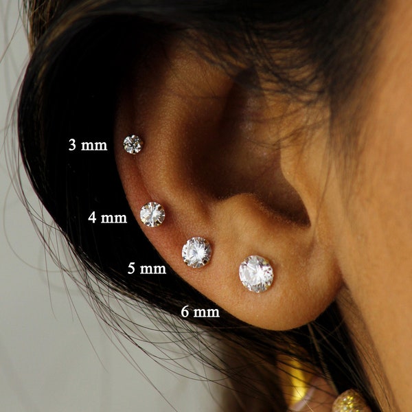 Clous d'oreilles en or massif 14 carats, diamants zircone cubique, clous d'oreilles en or massif, or blanc, clous d'oreilles simples, clous d'oreilles CZ, boucles d'oreilles or CZ