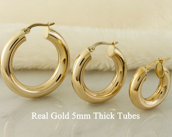 10k Solid Gold Thick Tube Hoop Earrings, 5mm Thick Tube Hoops, Real Gold Chunky Tube Hoop Earrings, Thick Gold Earrings, Real Gold Hoops,