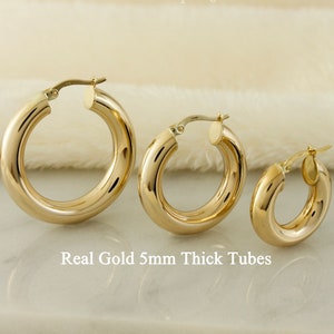10k Solid Gold Thick Tube Hoop Earrings, 5mm Thick Tube Hoops, Real Gold Chunky Tube Hoop Earrings, Thick Gold Earrings, Real Gold Hoops,