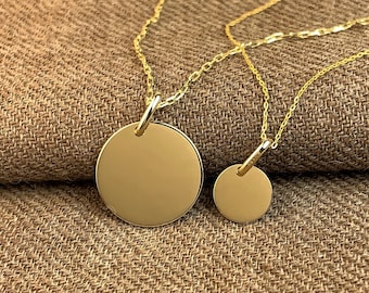 10k Solid Gold Flat Disc Pendant Engravable Necklace With 10k Solid Gold Paperclip Chain