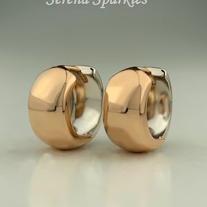 10k Solid Gold Chunky Huggie Hoop Earrings, Reversible Real Gold Huggie Earrings, Rose Gold White Gold Reversible Huggies, Two Tone Huggies
