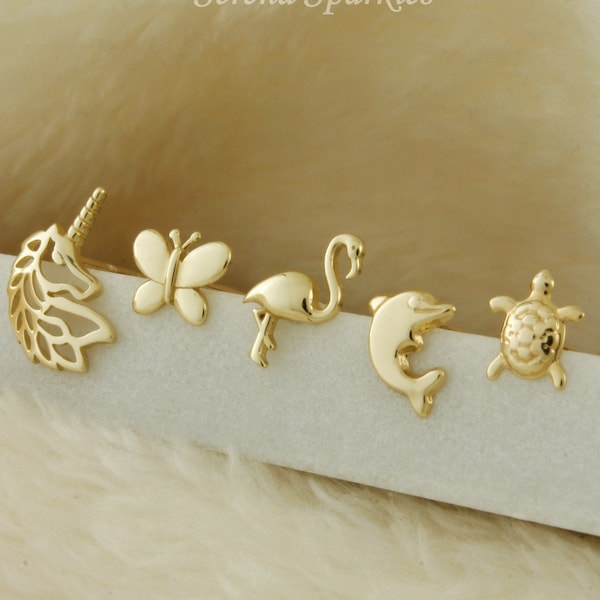 10k Solid Gold Dainty Ear Studs, Real Gold Stud Earrings, Helix Studs, Minimalist Gold Studs, Unicorn, Butterfly, Flamingo, Dolphin, Turtle