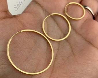 Pendientes de aro continuo de tubo de oro macizo de 10K, aros minimalistas lisos de oro real simple, pendientes de aro ligeros sin fin de oro