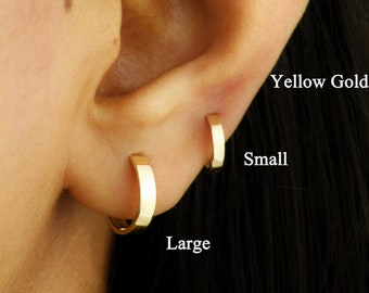 Boucles d'oreilles Huggie unies en or massif 10 carats, boucles d'oreilles Huggie Dainty minimalistes en or véritable, créoles Huggie en or 10 mm