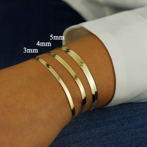 14K Solid Gold Herringbone Bracelet 7 8 3mm 4mm Etsy