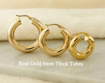 10k Solid Gold Hoop Earrings, 6mm Thick Tube Hoop Earrings, Classic Gold Hoop Earrings, Real Gold Hoop Earrings, Chunky Gold Hoops