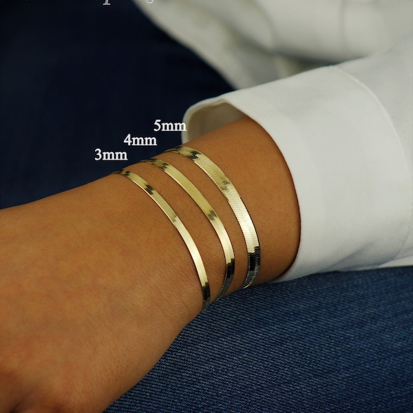 10K Solid Gold Herringbone Chain Bracelet Made In Italy, Real Gold Snake Chain Bracelet 3mm, 4mm, 5mm