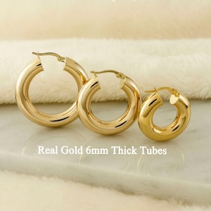 10k Solid Gold Hoop Earrings, 6mm Thick Tube Hoop Earrings, Classic Gold Hoop Earrings, Real Gold Hoop Earrings, Chunky Gold Hoops