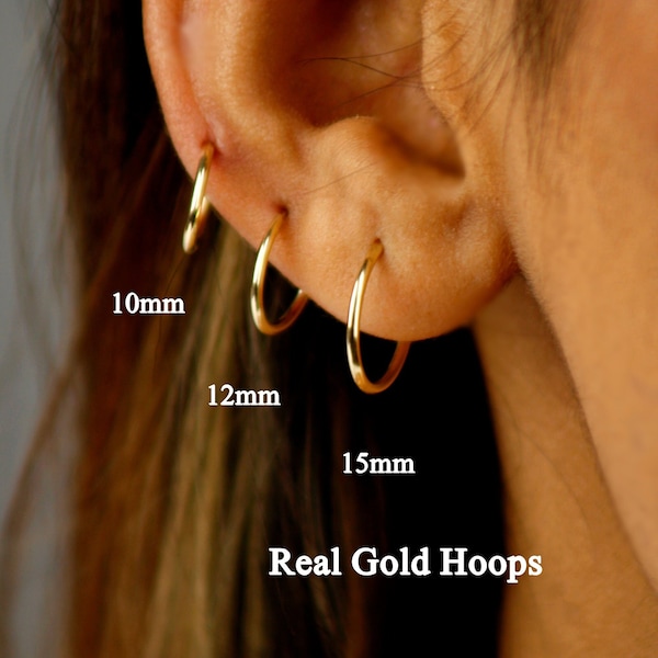 10k Solid Gold Small Continuous Hoops 10mm, 12mm, 15mm, Real Gold Daily Wear Sleeper Hoops, Minimalist Gold Hoops, Everyday Hoop Earrings