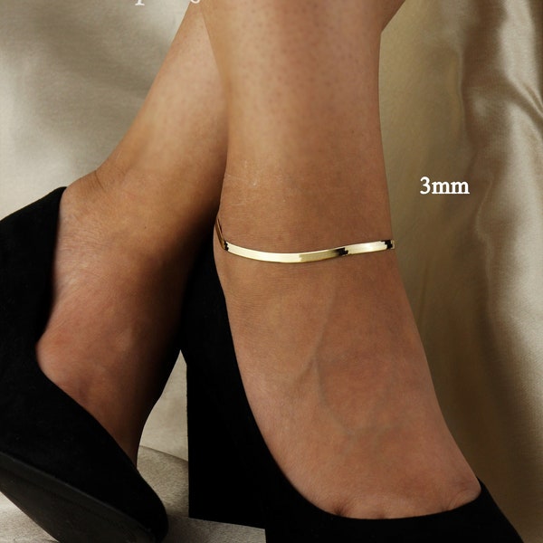 10K Solid Gold Herringbone Chain Anklet Made In Italy, Real Gold Snake Chain Anklet 3mm, 4mm, 5mm