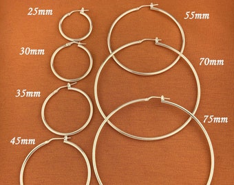 925 Sterling Silver Hoop Earrings 25mm, 30mm, 35mm, 45mm, 55mm, 70mm, 75mm, Minimalist Silver Hoop Earrings For Everyday Wear