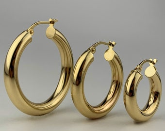 10k Solid Gold Classic Hoop Earrings, Thick Hoop Earrings, Classic Tube Hoop Earrings, Classic Real Gold Hoop Earrings, Chunky Gold Hoops