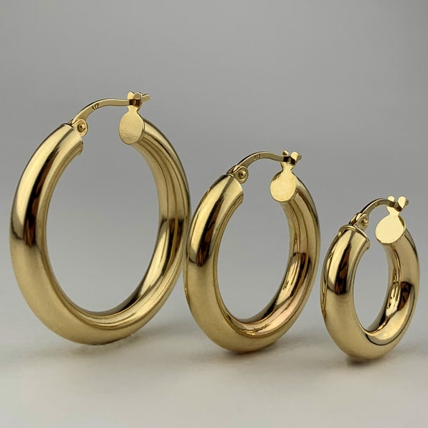 10k Solid Gold Classic Hoop Earrings, Thick Hoop Earrings, Classic Tube Hoop Earrings, Classic Real Gold Hoop Earrings, Chunky Gold Hoops