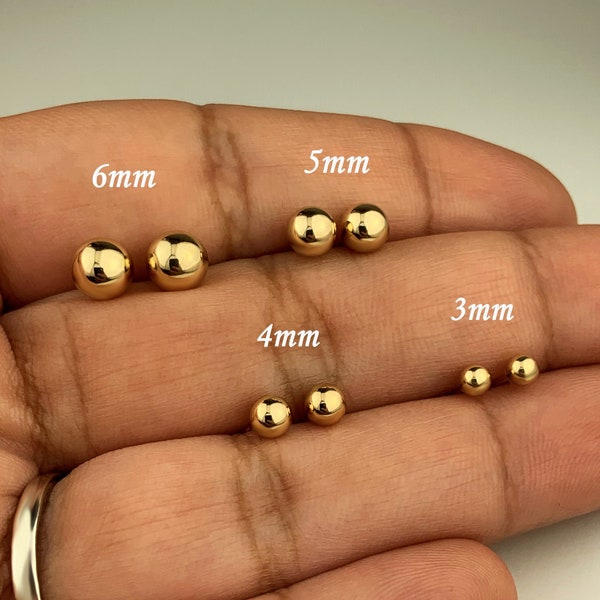Clous d'oreilles boules en or massif 14 carats, clous d'oreilles boules simples et simples en or véritable 3 mm 4 mm 5 mm 6 mm,
