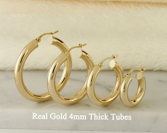 10k Solid Gold Classic Hoop Earrings, Thick Hoop Earrings, Classic Tube Hoop Earrings, Classic Real Gold Hoop Earrings, Chunky Gold Hoops