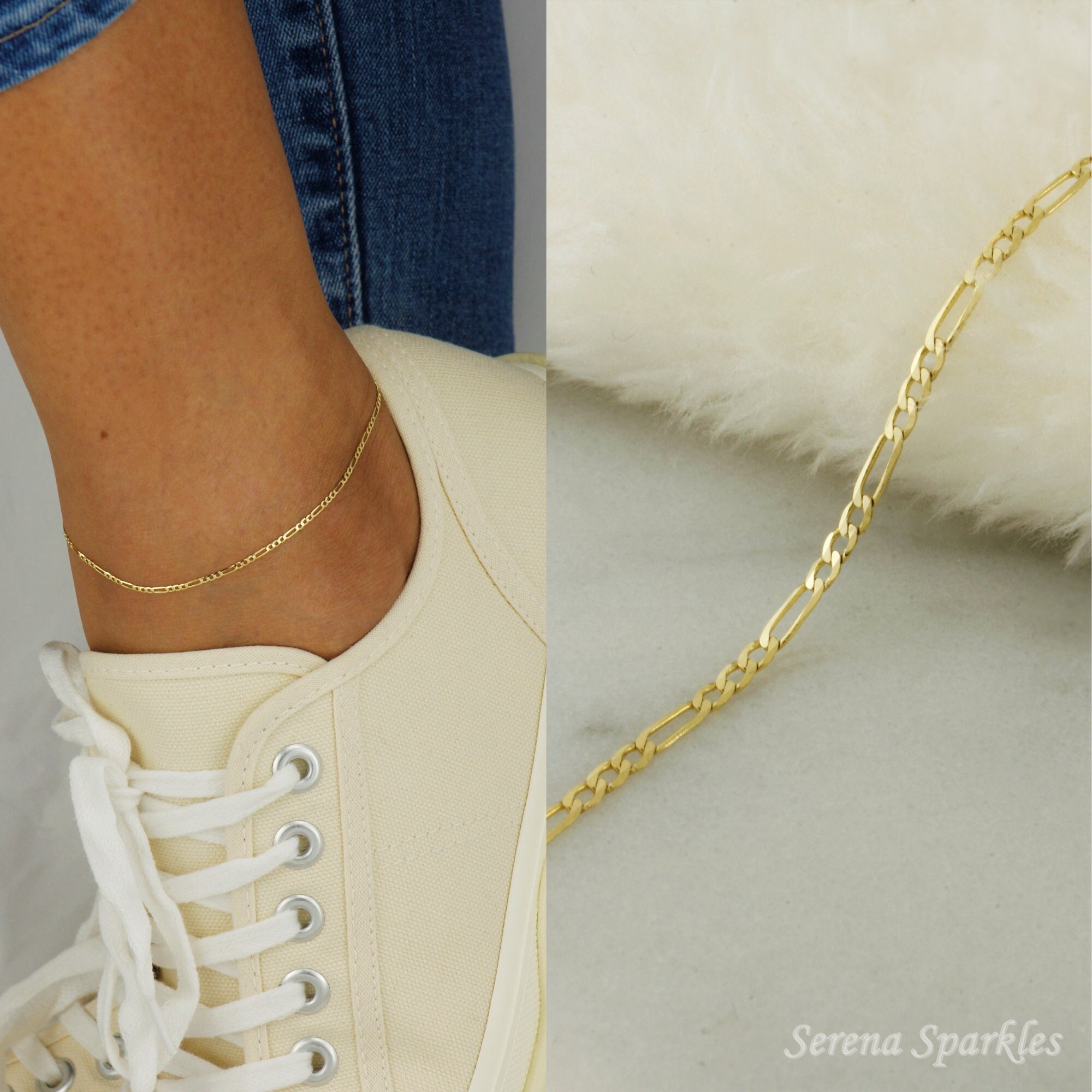 Real 10K Yellow Gold Figaro Anklet For Women – 10 Inch Diamond Cut With Lobster Clasp, 2.8g