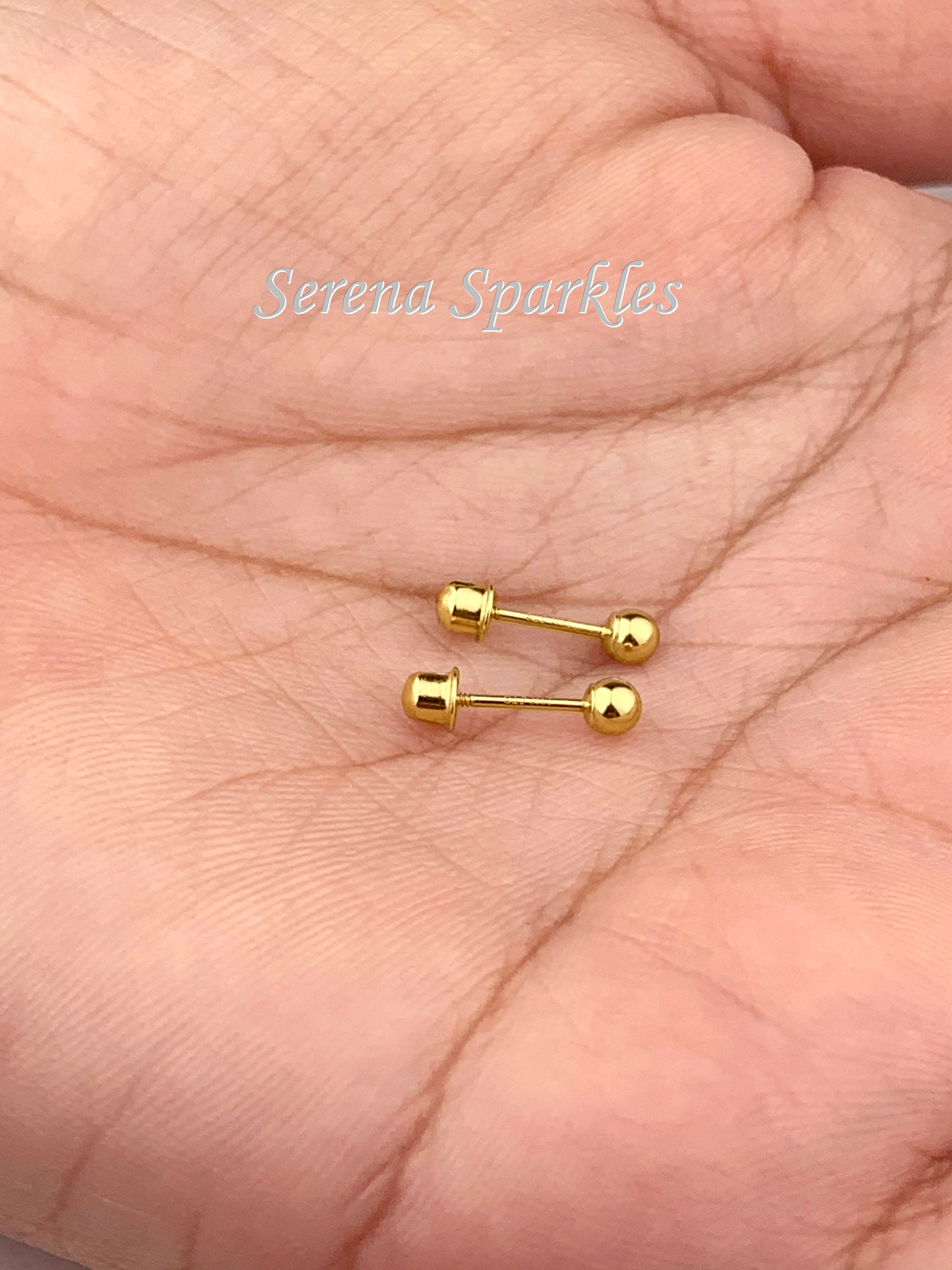 18K Yellow Gold Classic Ball Safety Screw Back Stud Earrings for Babies, Infants, Toddlers, and Little Girls 3mm-5mm - Traditional Plain Ball 18K