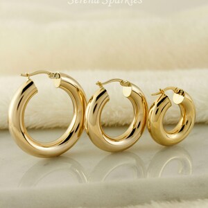 May include: Three gold hoop earrings of different sizes. The largest hoop is on the left, the medium hoop is in the middle, and the smallest hoop is on the right.