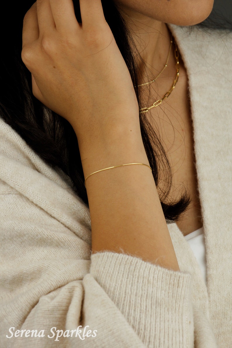 10k Solid Gold Box Chain Bracelet, Box Gold Chain Bracelet, Dainty Gold Bracelet, Layering Gold Bracelet, Stackable Gold Bracelet for Women image 5