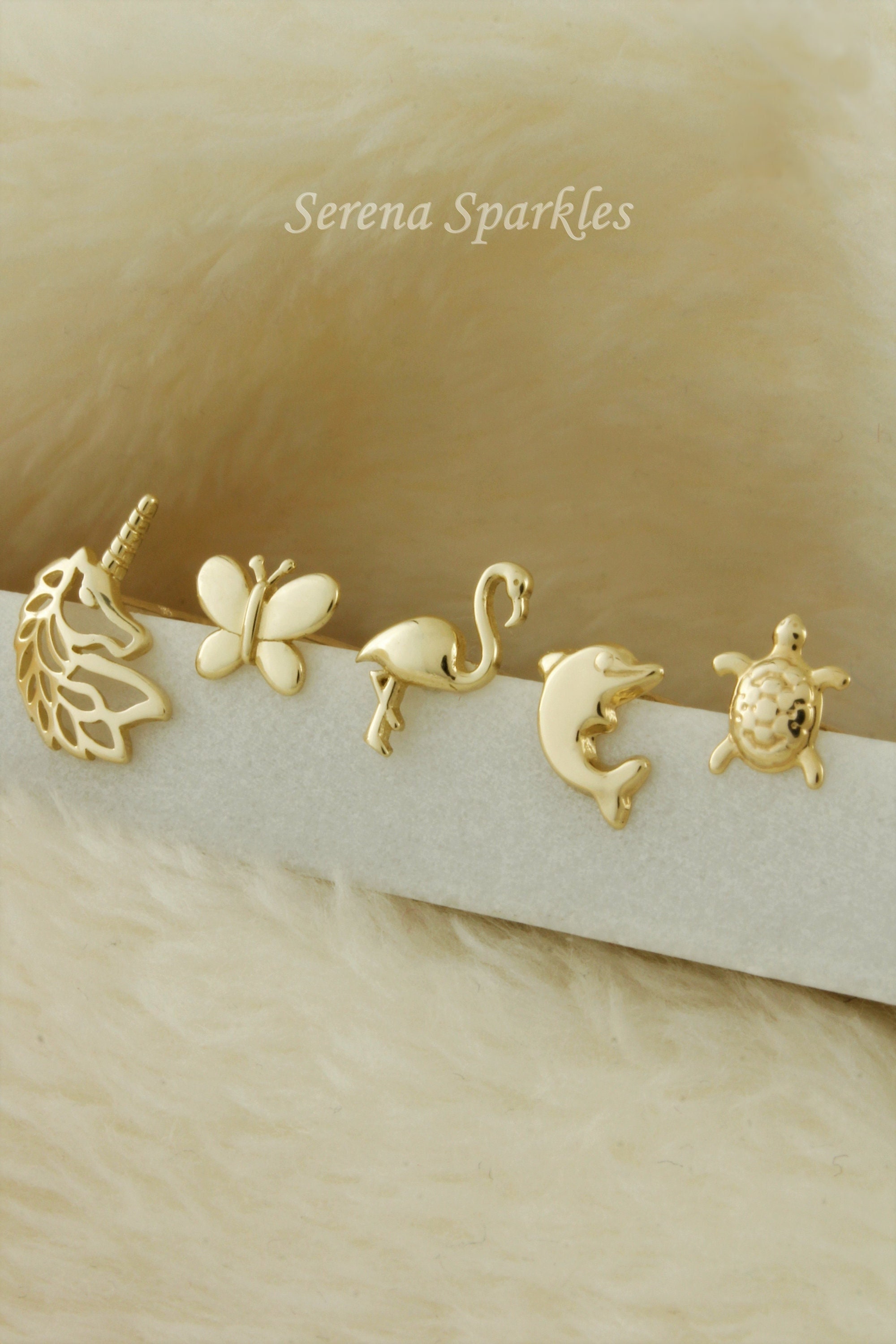 10k Solid Gold Dainty Ear Studs, Real Gold Stud Earrings, Helix Studs, Minimalist Gold Studs, Unicorn, Butterfly, Flamingo, Dolphin, Turtle