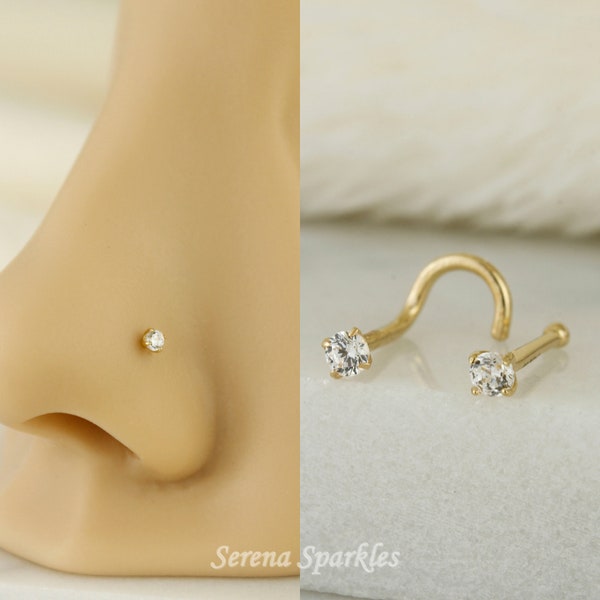 14k massief gouden neus Stud, echte gouden CZ neus Stud, massief gouden neus Pin, 20G neus Stud, kleine neus Stud, neus piercing, één stenen neus Stud