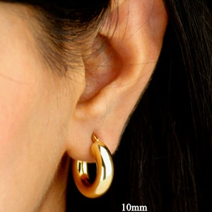 May include: Gold hoop earrings, 10mm in diameter. The earrings are shown on a person's ear.