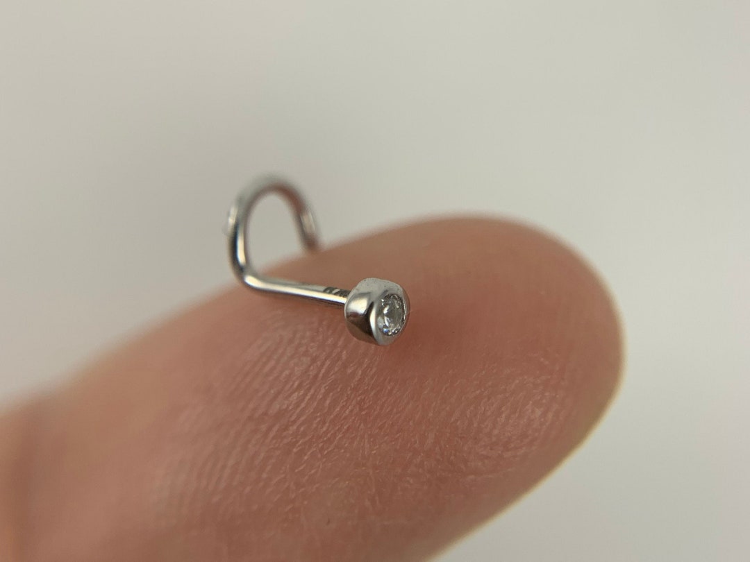 14k Solid Gold CZ Nose Stud, Fishtail Nose Stud, CZ Diamond Nose Stud, Bezel Set Nose Stud, U