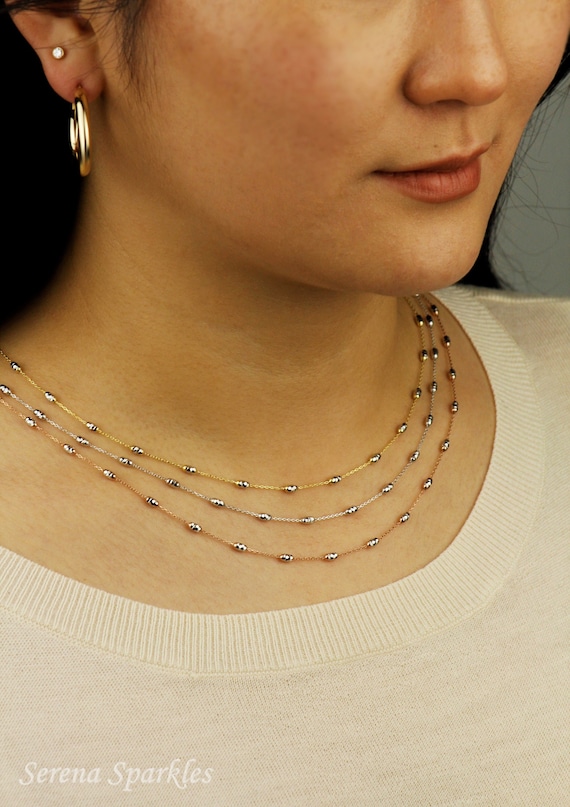 10K Solid Gold Dainty Beaded Necklace Real Gold Bead Chain