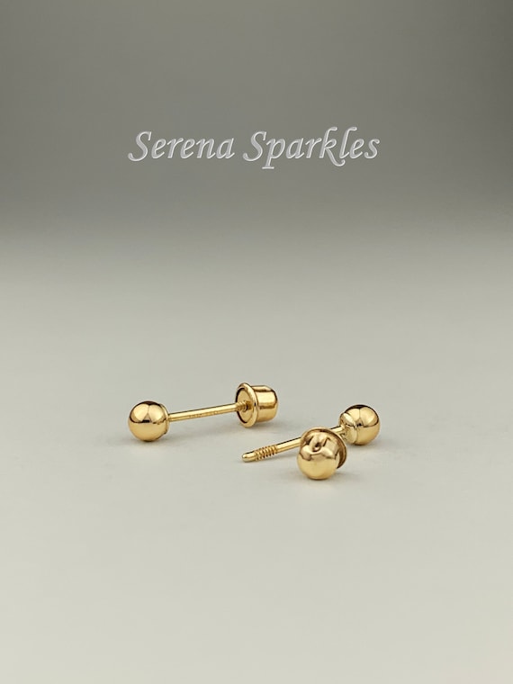 14k Solid Gold Ball Baby Ear Studs Screw Backing, 3mm, 4mm, 5mm, 6mm Plain  Real Gold Baby Stud Earrings Screw Back 