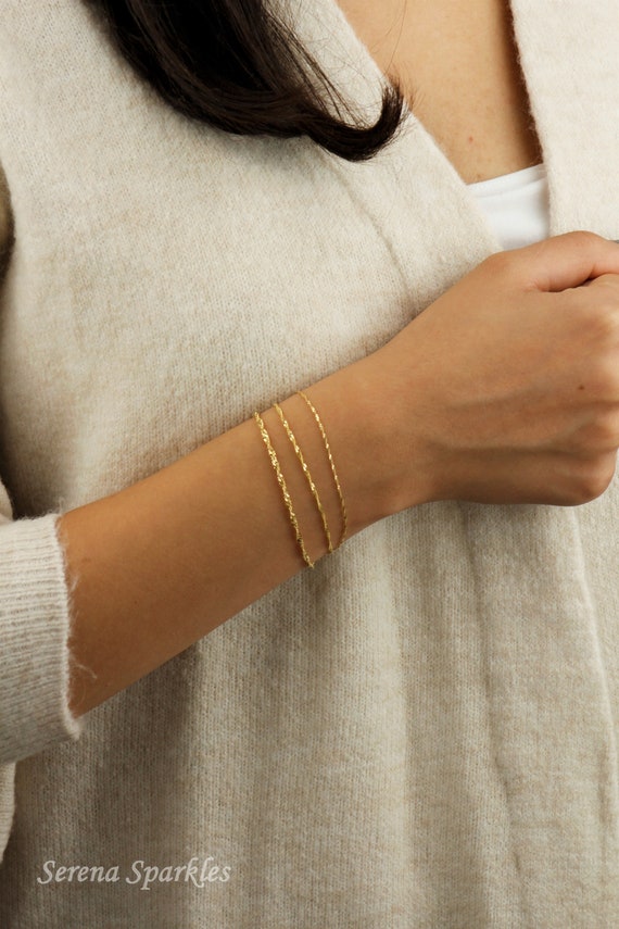 10k Solid Gold Twisted Chain Bracelet, Real Gold Dainty