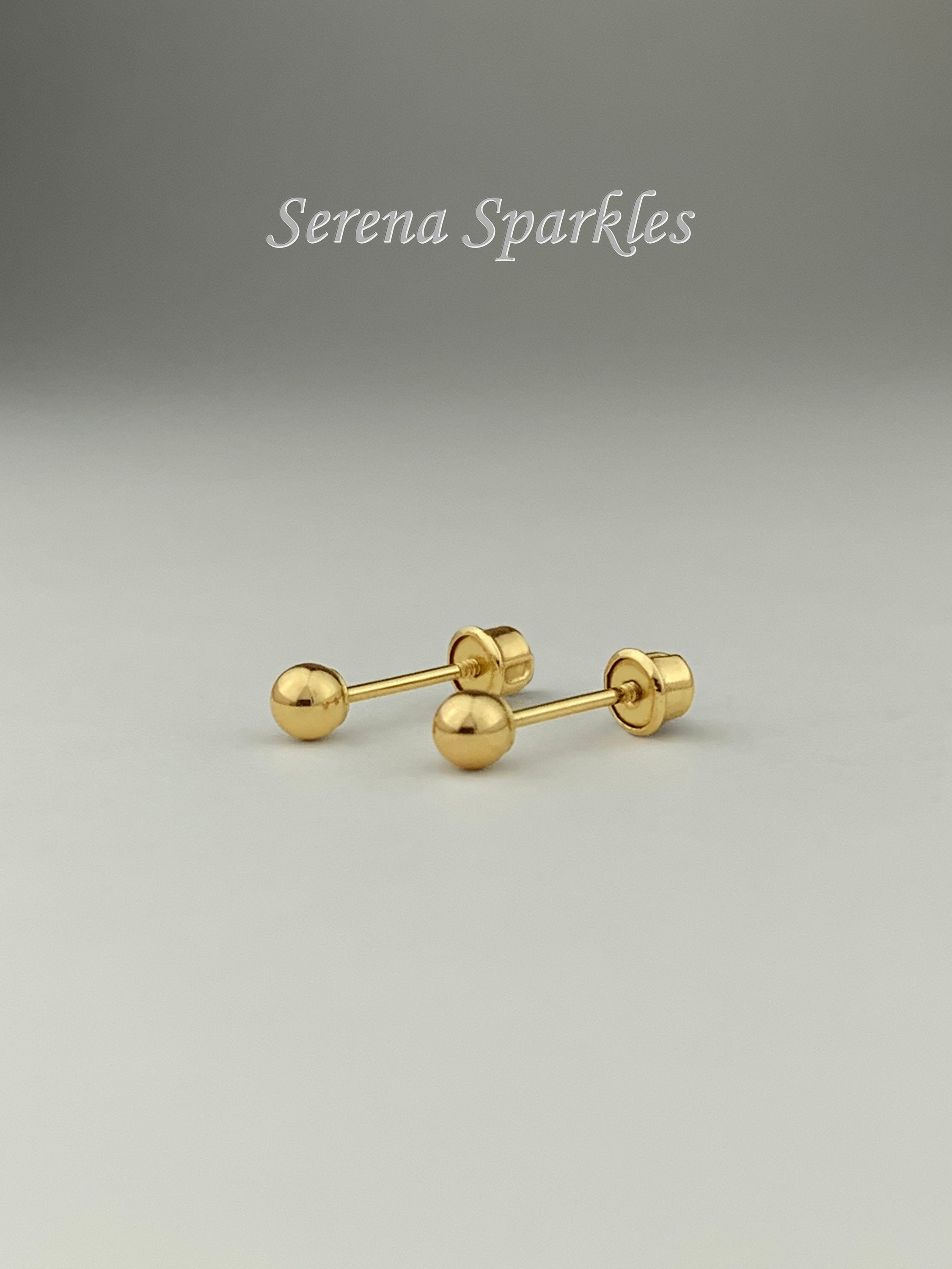 14k Solid Gold Ball Ear Studs with Screw Backing, 3mm, 4mm, 5mm, 6mm Plain Real Gold Minimalist Ball Studs With Screw Backing
