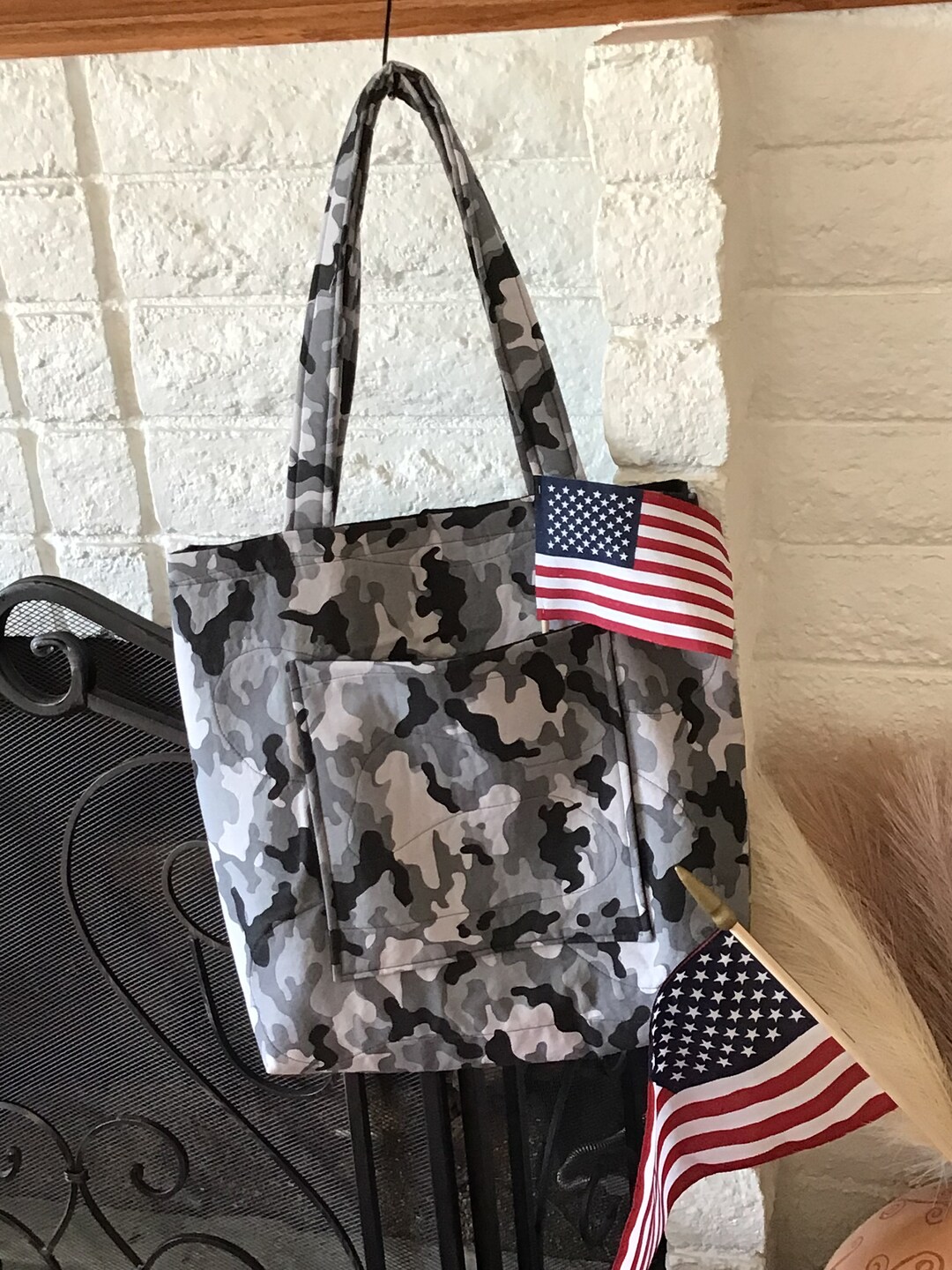 Military Inspired Large Sized Camouflage Tote, Military Spouse Black and Gray Camo Purse