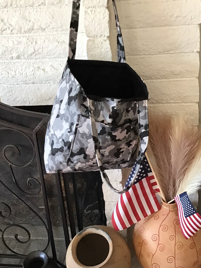 Military Inspired Large Sized Camouflage Tote, Military Spouse Black and Gray Camo Purse