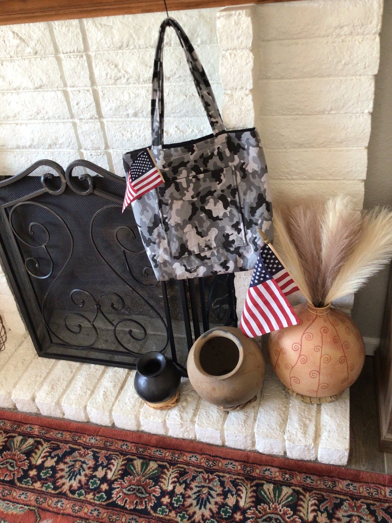 Military Inspired Large Sized Camouflage Tote, Military Spouse Black and Gray Camo Purse